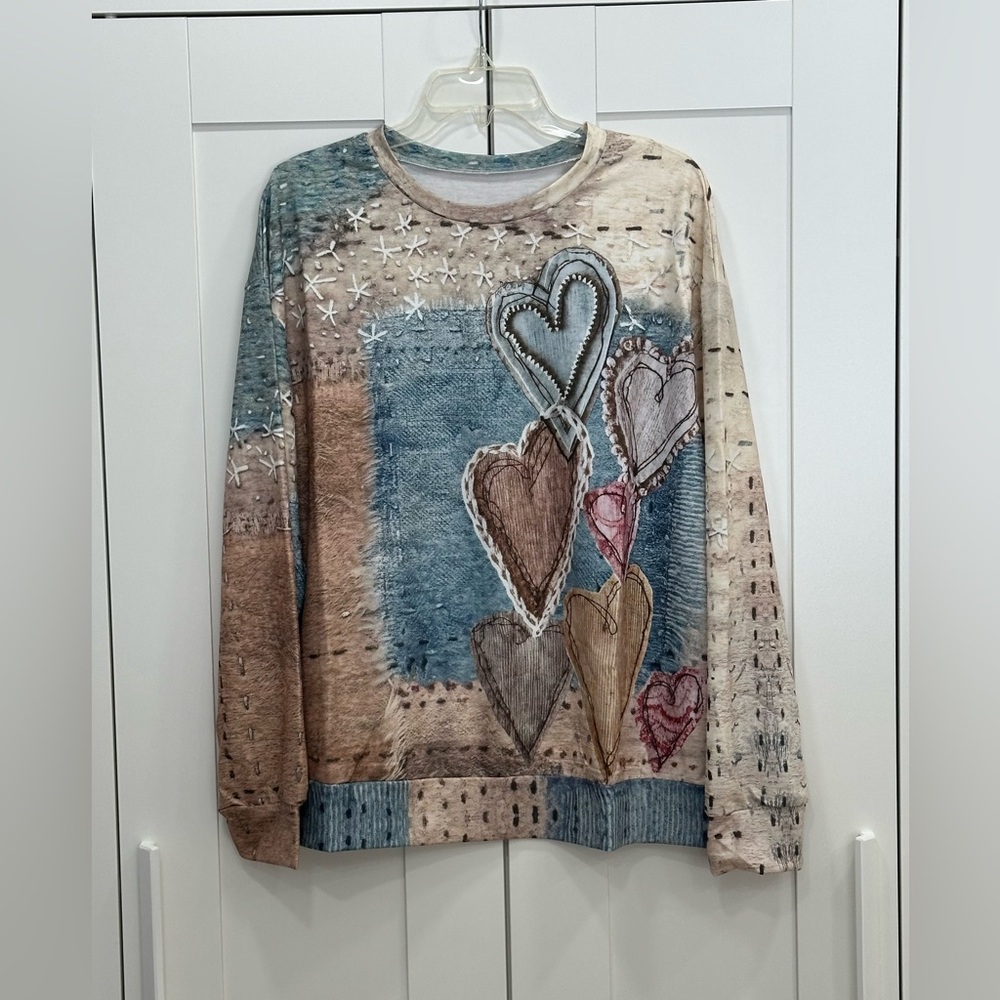Women’s Blouse Artistic Heart Patterned Long Sleeve Top Size L